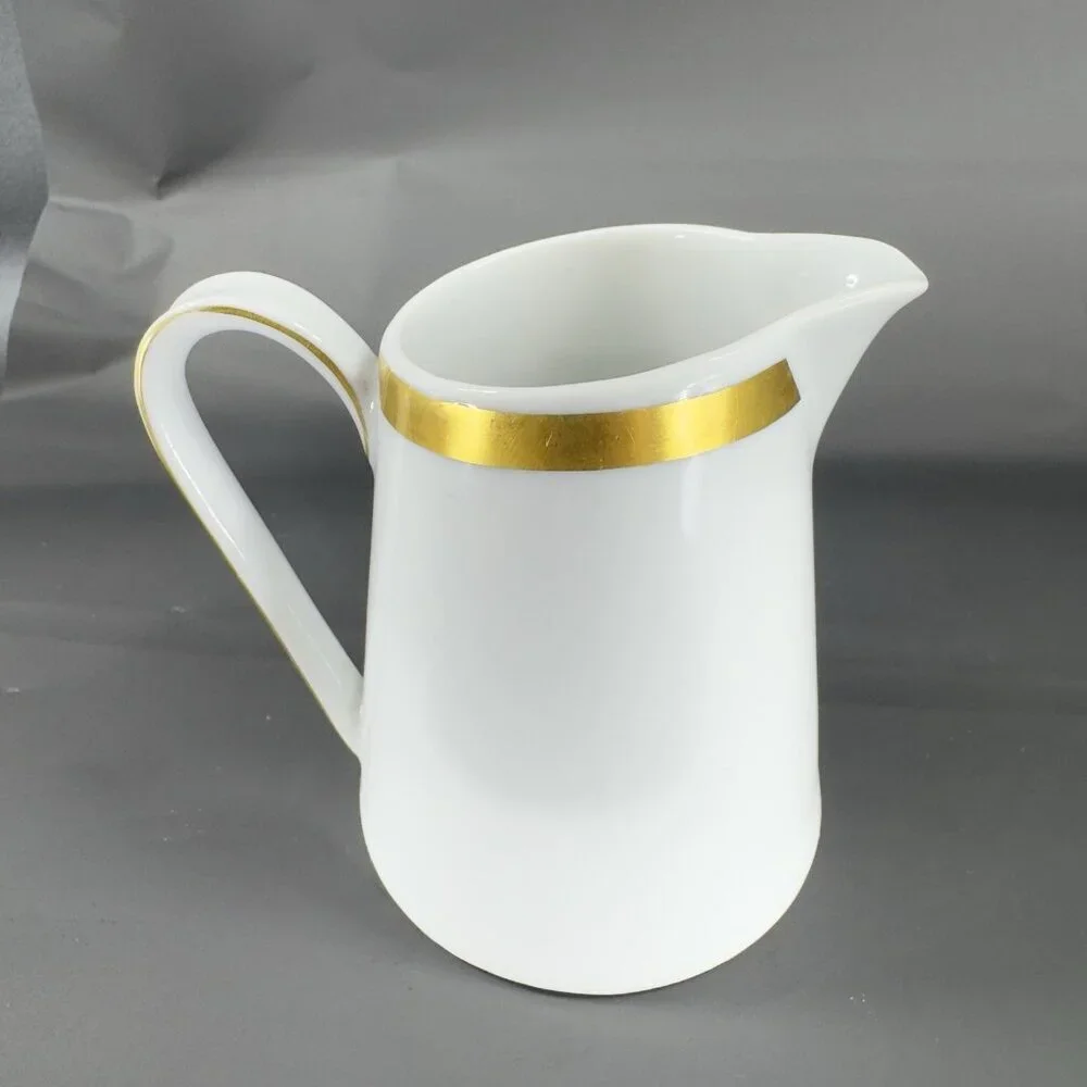 Schonwald Germany White Porcelain Small Pitcher Creamer With Gold‎ Band Vintage